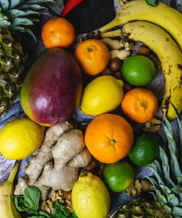 lemon, avocado, ginger, orange fruit, bananas and calamdin